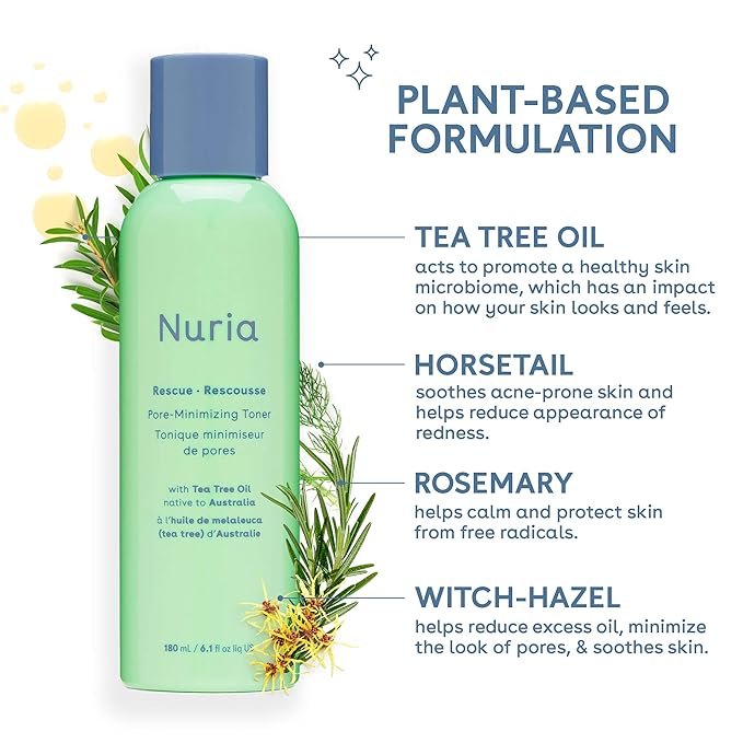 Nuria - Rescue Skin Toner for Face Pore Minimizer, Tea Tree Toner with Pure Witch Hazel Extract, Horsetail and Rosemary, 180mL/6.1 fl oz