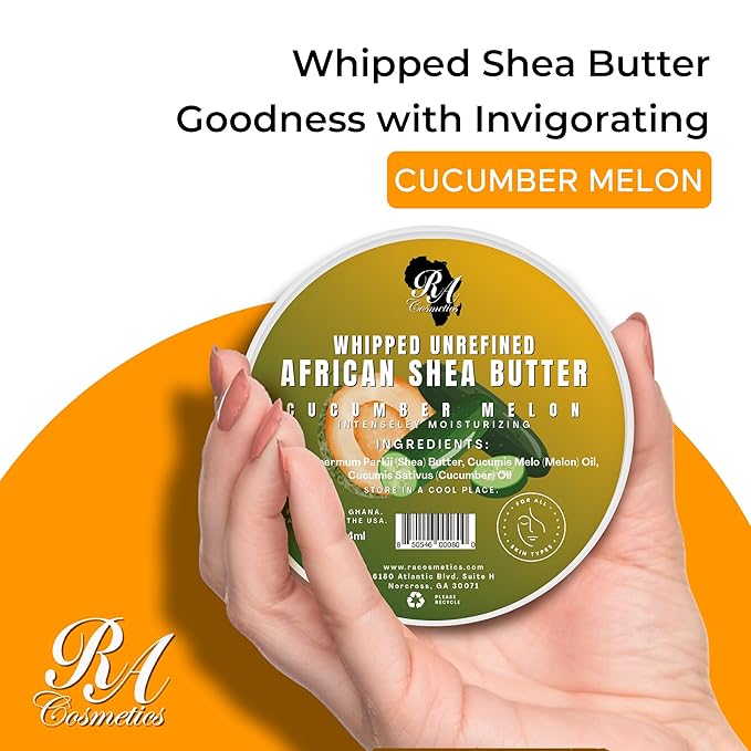 RA COSMETICS Whipped Shea Butter Cucumber-Melon - 6oz | 100% Pure & Natural African Shea Butter for Men & Women - Ultimate Handcrafted Moisturizer with Essential Vitamins for Radiant Skin