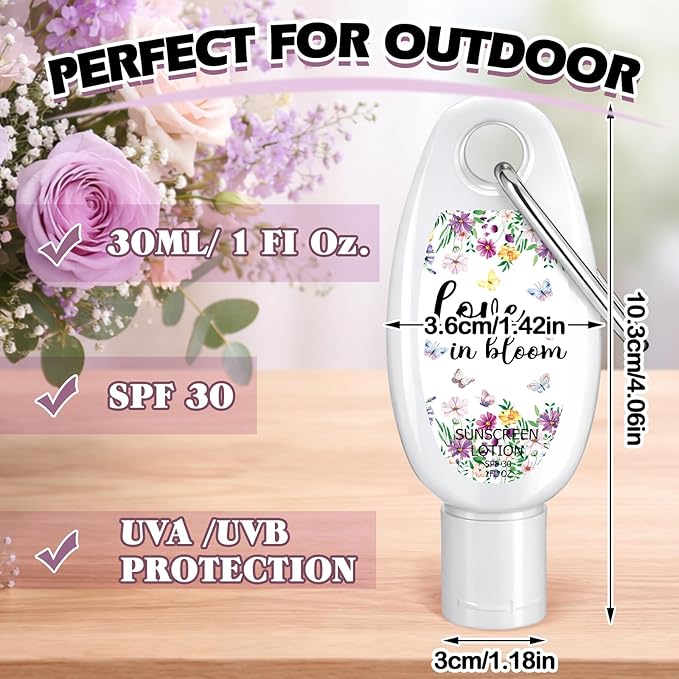 Leelosp 30 Pcs Mini Sunscreen with Carabiner Bulk Travel Size 1 Fl. oz. Spf 30 Sunblock Lotion Love in Bloom Wildflower Baby Shower Party Favor Bridal Shower Wedding Engagement Gifts for Guest