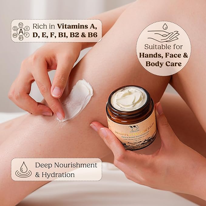Whipped Beef Tallow for Skin – 100% Grass-Fed Handmade Cream Moisturizer for Face & Body, Natural with Honey, Shea Butter, Jojoba Oil, Non-Greasy, Nourishing for Men, Women, Kids, 4 Oz