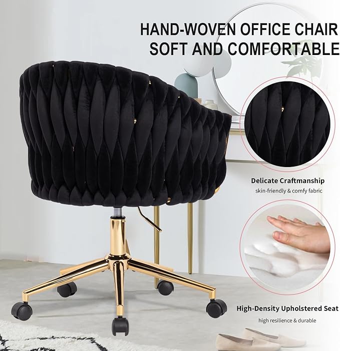 Velvet Office Chair with Hand Woven, Black Vanity Chairs with Golden Wheels, 360° Swivel Home Office Desk Chair Computer Chairs, Accent Chair Makeup Chair for Bedroom, Living Room(Black)