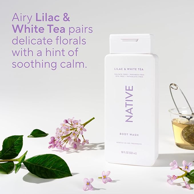 Native Body Wash Contains Naturally Derived Ingredients | For Women & Men, Sulfate, Paraben, & Dye Free Leaving Skin Soft and Hydrated | Lilac & White Tea 18 oz