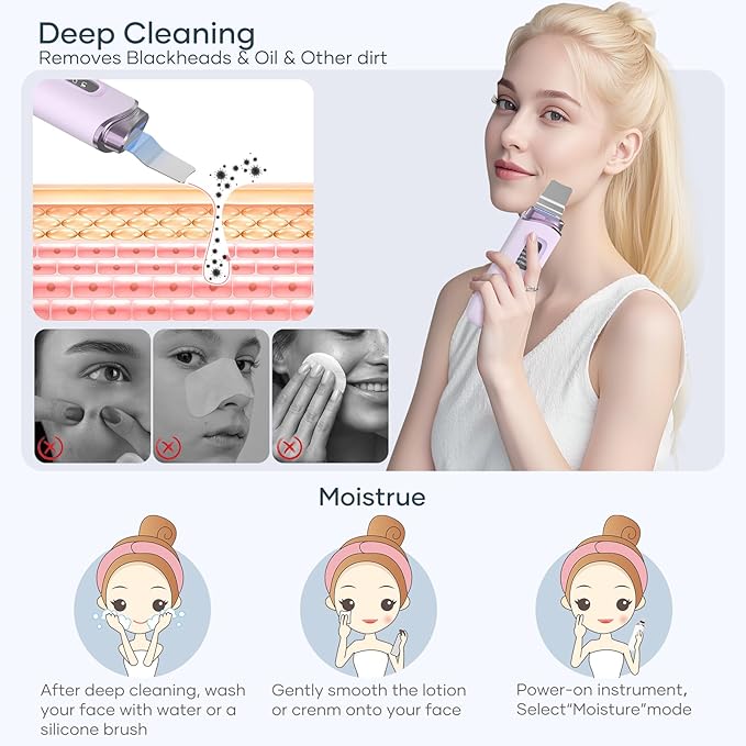 4 in1 Facial Skincare Scrubber,Skin Scrubber Face Spatula - Blackhead Remover with 4 Modes, Pore Extractor Face Spatula Deep Cleansing for Facial Skincare LCD Display, IPX7 Waterproof-Purple
