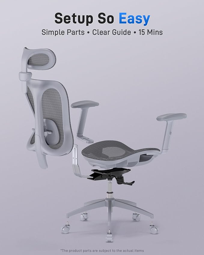 Ergonomic Office Desk Chair, Comfortable Computer Gaming Chair, Breathable Mesh Back & Seat, Adjustable Armrest & Headrest, Lumbar Support, Butterfly Design for Home Office, Gray