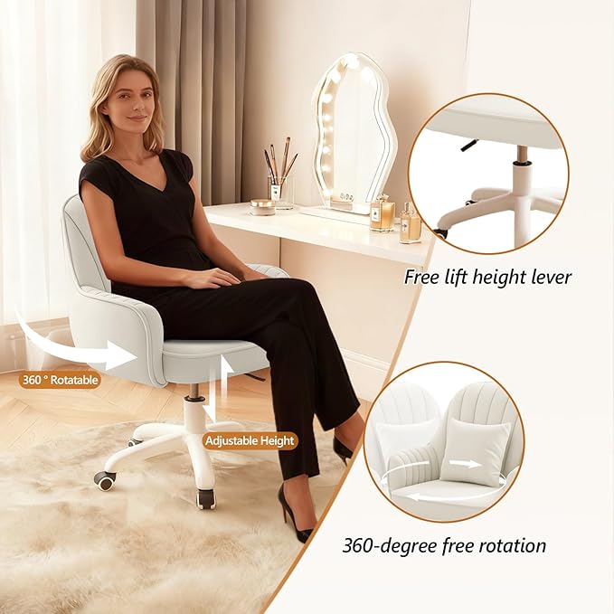 Home Office Chair Velvet Vanity Chairs Makeup Desk Chair with Wheels Mid Back Computer Chairs Height Adjustable Swivel Rolling Task Chair for Living Room, Bedroom, Office
