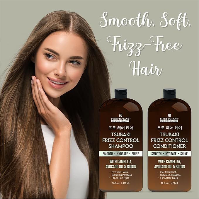 Korean Frizz Control Shampoo & Conditioner Set – Tsubaki Anti Frizz Hair Products for smooth, salon-worthy results- Sulfate Free, Hydrating & Smoothing for All Hair Types- 16 fl oz
