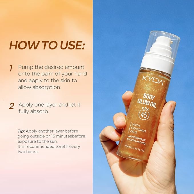 KYDA Travel Size Sunscreen,SPF 45 Sunscreen Spf Body Oil with Gold Mica, Sun-kissed Glow Skin Illuminator, Moisturizing Coconuts Summer Sunscreen, Water Resistant, 3.38 fl oz, AMBER