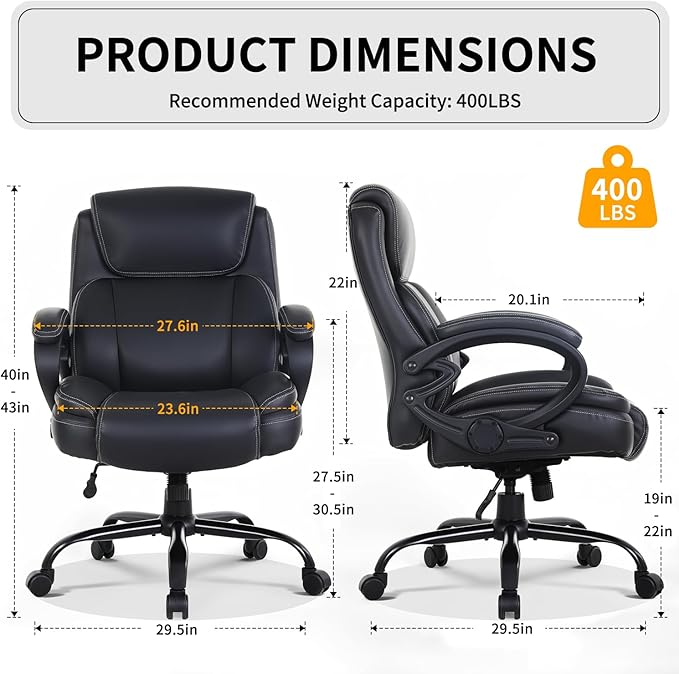 BestOffice Big and Tall Heavy Duty Office Chair 400lbs Wide Seat Ergonomic Computer Desk Chair with Arms and Lumbar Support High Back PU Leather Executive Task Computer Chair for Back Pain, Black