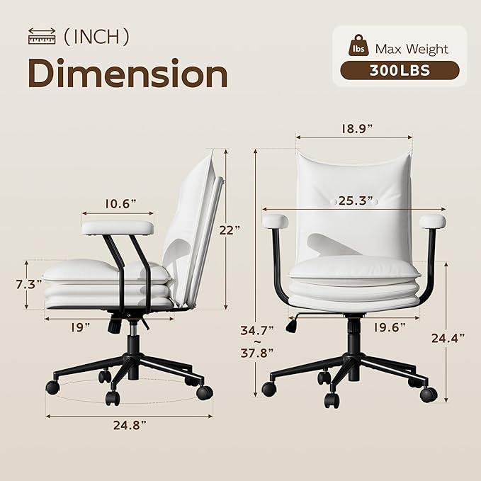 White Office Chair with Triple-Layers Thicken Wide Seat, Mid Back Leather Desk Chair with Wheels and Arms, Mid-Century Modern Computer Chair for Home Office