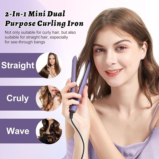 Omaky Upgraded 2-in-1 Mini Curling Wand Flat Iron Hair Straightener,Mini Dual Purpose Curling Flat Iron, Long-Lasting Portable Travel Curling Wand for Women Girls Short Hair, All Hair Types(Pink)
