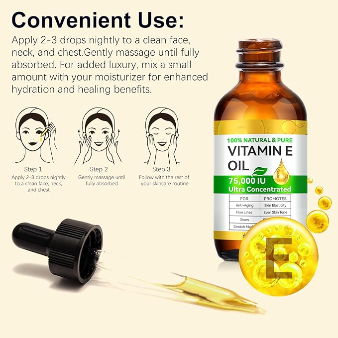 Essential Vitamin E Oil for Skin,Face,75000 IU Pure Vitamin E Body Oil for Women Girls 4 Oz