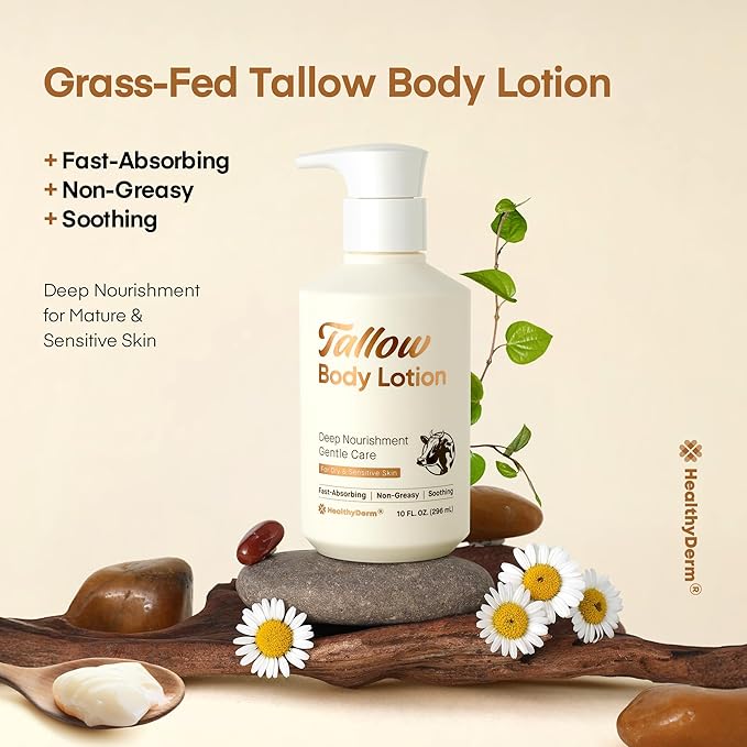 Beef Tallow Body Lotion for Skin: Grass-Fed Daily Moisturizing Cream for Dry, Mature & Crepey Skin, Fast-Absorbing, Non-Greasy, Fragrance-Free Moisturizer with Aloe & Shea Butter, 10 fl oz