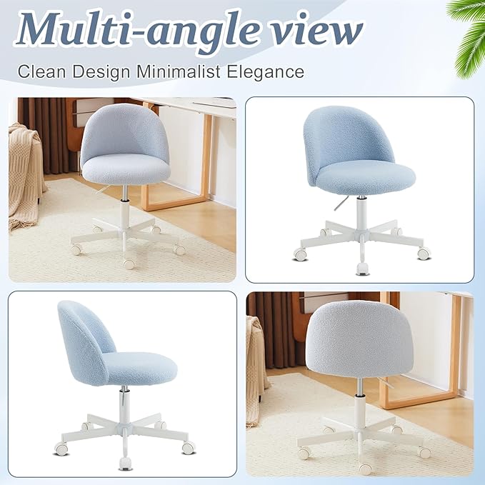 VINGLI Candy Chair Armless Cute Desk Chair,Comfy Small Office Chair with Wheels,Vanity Chair with Lumbar Support,Teddy Adjustable Rolling Swivel Computer Task Chair for Home Office,Bedroom,Poetic Blue