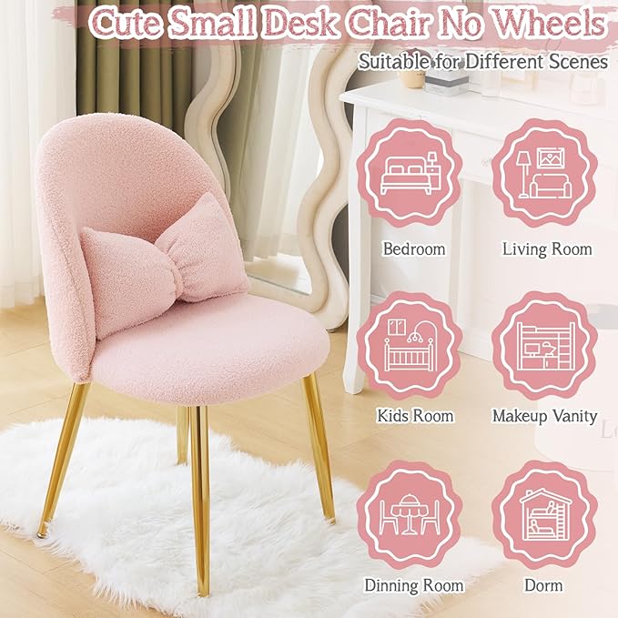 VINGLI Boucle Girls Vanity Chair with Back & Pillow,Cute Small Cozy Desk Chair No Wheels,Comfy Makeup Ch with Ajustable Gold Legs,for Bedroom,Living Room,Small Space,Pink
