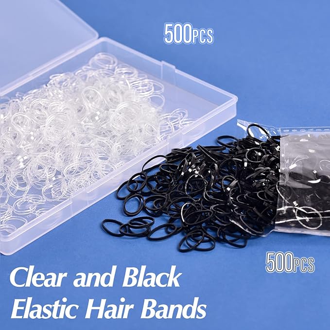 Topsy Tail Hair Styling Set, IKOCO - 1000pcs Hair Elastics (500 Clear, 500 Black), 2 Loop Tools, 1 Rat Tail Comb