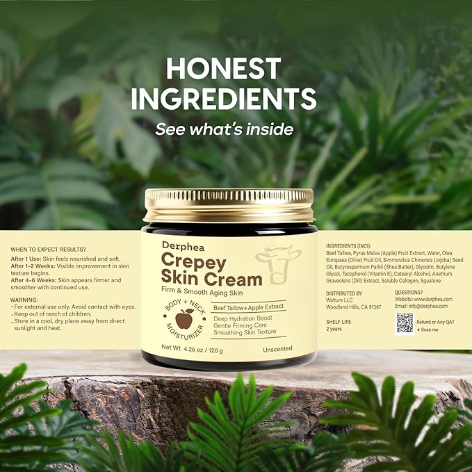Crepey Repair Cream for Aging Skin: Crepe Skin Repair Treatment with Pure Beef Tallow, Soluble Collagen & Apple Fruit - Advanced Crepe Fix Cream for Neck, Arms, Chest, Body - Unscented 2 Pack
