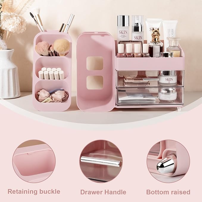 Anyoifax Makeup Organizer Countertop with Large Drawers, Vanity Organizer with Brush Holder, Skin Care Storage for Dresser, Perfume Organizer for Lotion, Lipsitck, Palette, Pink
