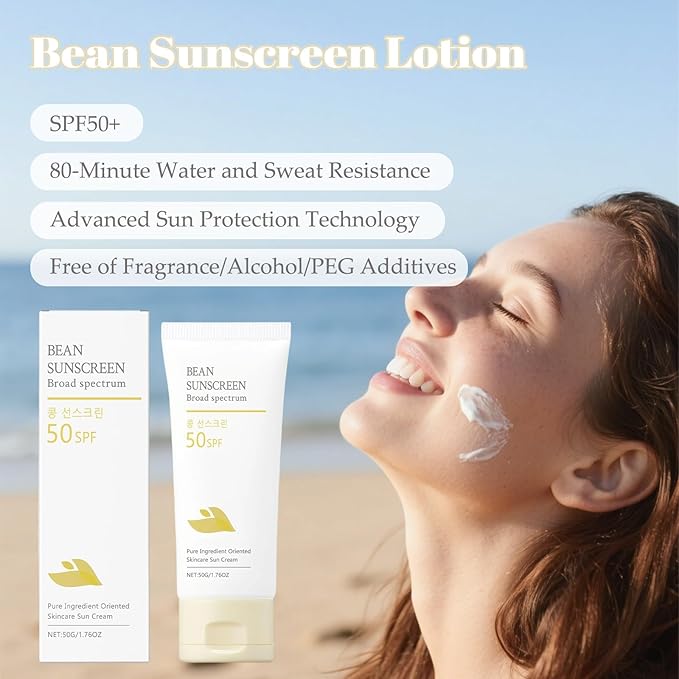 Bean Sunscreen, Sunscreen Lotion, Sun Screen Protector, SPF 50+ Under Makeup Cream for Face and Body, Airy Texture Type, Water Proof Sweat Resistant,2PCS