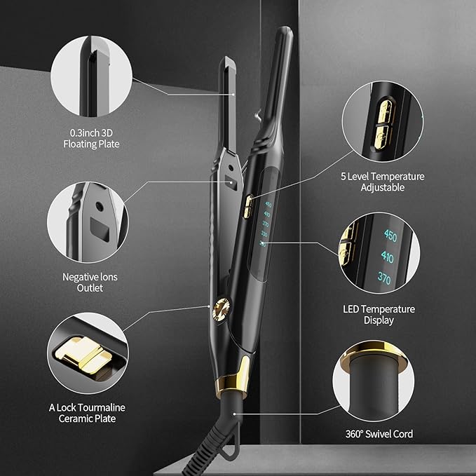 Small Flat Irons for Short Hair,Pro 3/10'' Pencil Flat Iron with LED Display,Pixie Cut and Bangs,Mini Hair Straightener for Edges with Adjustable Temperature,Auto Shut Off