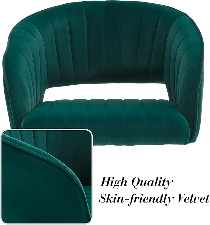 Modern Velvet Vanity Chair, Home Office Desk Chair with Hollow Back, Upholstered Dining Chair with Gold Metal Legs, Comfy Accent Armchair for Living Room Bedroom, Dark Green