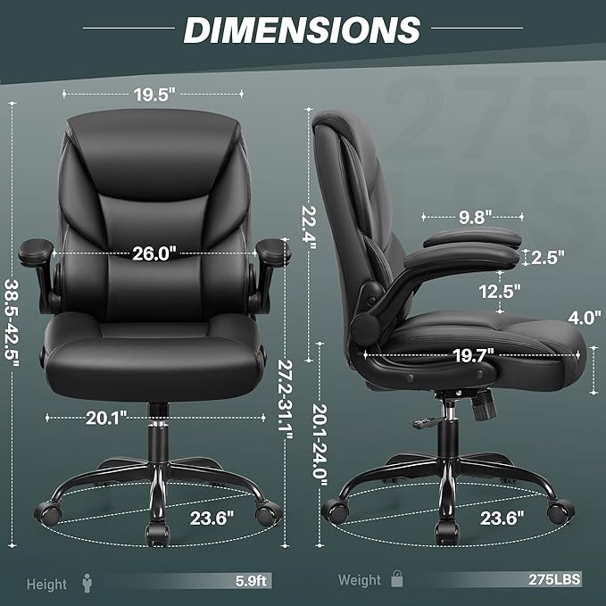 FelixKing Leather Office Chair - Small PU Ergonomic Desk Chair, Comfy Computer Chair with Wheels and Flip-up Armrests, Adjustable Height Mid Back Executive Office Chair for Short People-Black