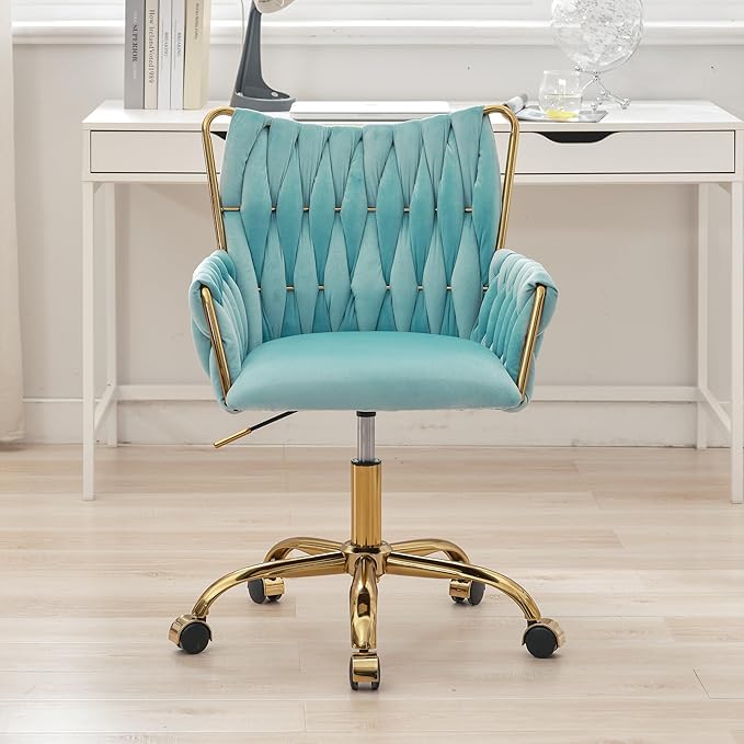 ABET Velvet Desk Chair with Wheels, Cute Upholstered Swivel Office Chair, Modern Gold Rolling Hand Woven Height Adjustable Armchair for Women Girls Home Makeup, Vanity, Nail Salon, Light Blue