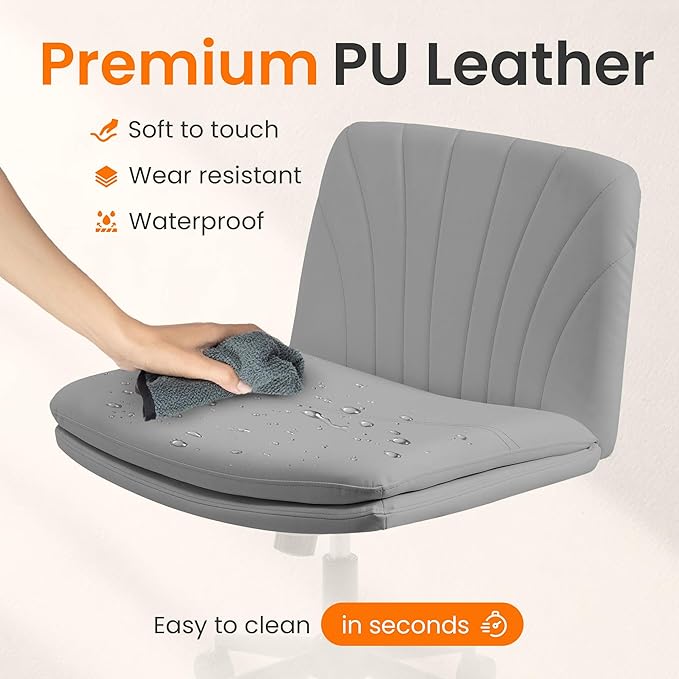 NEO Chair Criss Cross Chair with Wheels Armless Cross Legged Office Desk Wide Comfy Vanity Makeup Chair Adjustable Swivel Rolling Computer for Home Office PU Leather (Grey)