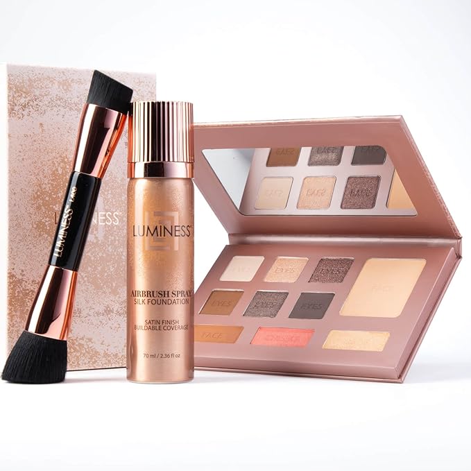 LUMINESS Face Time All In One Makeup Kit - Includes Face Palette, Airbrush Foundation, and Makeup Brush - Long-Wearing, Silky, Soft, Easy to Blend, 3-PC Make Up Set (05 - Medium Warm)