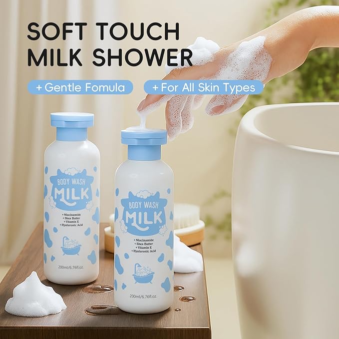 Milk Skincare Set 5-in-1 for Kids & Teens Girls 8-12, Gentle Milk Extract Bathing Cleaning Kit with Body Wash, Shampoo, Hair Conditioner, Body Lotion, Makeup Bag(Set B)
