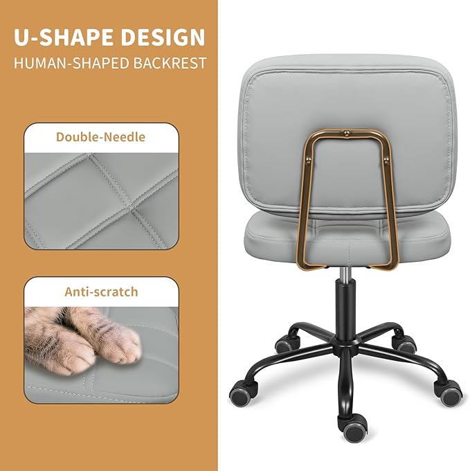 Armless Home Office Desk Chair with Wheels, Modern Ergonomic Drafting Rolling Chair with 360° Swivel Wheels,Height Adjustable Computer Task Chairs for Small Space, Light Grey