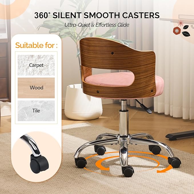 VINGLI Armless Home Office Desk Chair, Adjustable Swivel Chair,Dual-Use with/no Wheels,Small Retro Designed Walnut Curved Task Chair,Cushioned Nail Tech Chair for Study Area,Workspace,PU,Pink