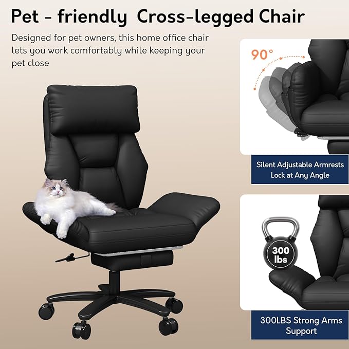 Cross Legged Office Chair with Pets Friendly Arms, Plus Size Criss Cross Desk Chair, Big and Tall Office Chair with Foot Rest, Reversible Armrests & Wide Seat, Black