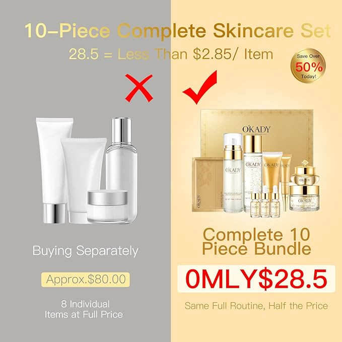 10-Piece Complete Skin Care Set for Women-Hydrating Facial Kit with Cleanser, Toner, 3x Serums, Revitalizing Water, Eye Cream, Face Cream, Primer & Eye Masks - Professional Daily Routine Gift Set