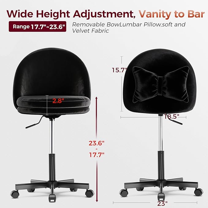 GTPLAYER Velvet Tall Office Chair with Wheels Vanity Chairs with Back, Versatile Height Use: Office to Bar Stools Small Ergonomic Comfy Armlees Computer Desk Chair with Bow Lumbar Pillow for Gift