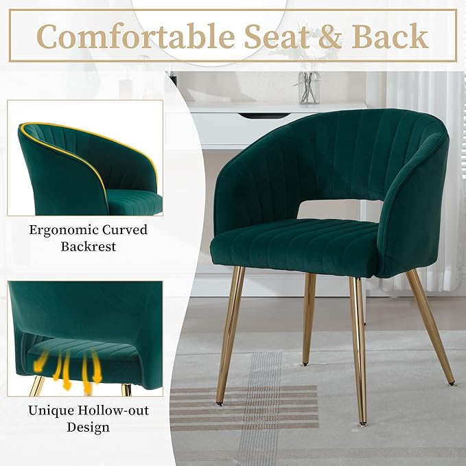 Westice Velvet Home Office Desk Chair Set of 1, Modern Tufted Vanity Chairs with Gold Metal Legs, Upholstered Accent Armchair for Living Room Restaurant, Dark Green