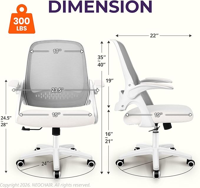 NEO Chair Office Desk Computer Gaming Ergonomic Chair with Lumbar Back Support Adjustable Height Swivel Wheels Flip-up Arms Mesh Chair for Home or Office (Ivory)
