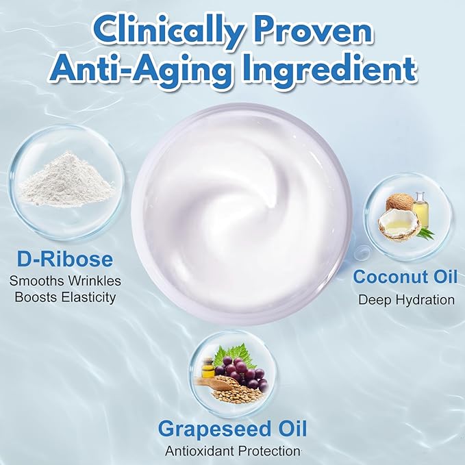 Ribose Cream, Ribose Sugar for Skin, Reduces Wrinkles, Moisturizer, Tightens & Firms the Skin, with D-Ribose Fractionated Coconut Oil and Grapeseed Oil, for All Skin Types, 2.5 oz