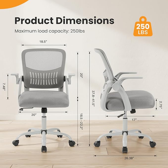 NEWBULIG Office Chair - Ergonomic Desk Chair with Lumbar Support, Mesh Computer Executive Rolling Chairs, Swivel Task Chairs with Wheels, Comfy Flip-up Arms for Bedroom, Study, Student Gray