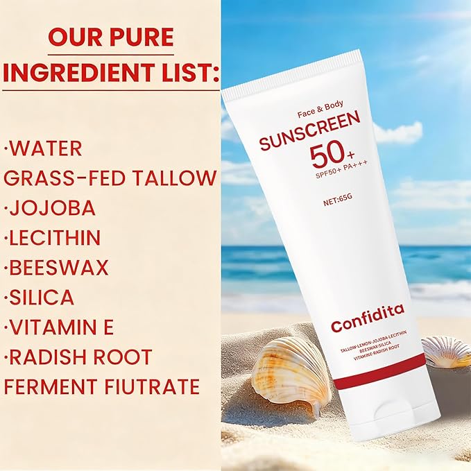 Tallow Sunscreen SPF 50 – Natural Face & Body Sunblock with Grass-Fed Tallow, Water Resistant, Non-Greasy Lightweight Formula for Sensitive Skin Hydration – 2.3 Fl Oz