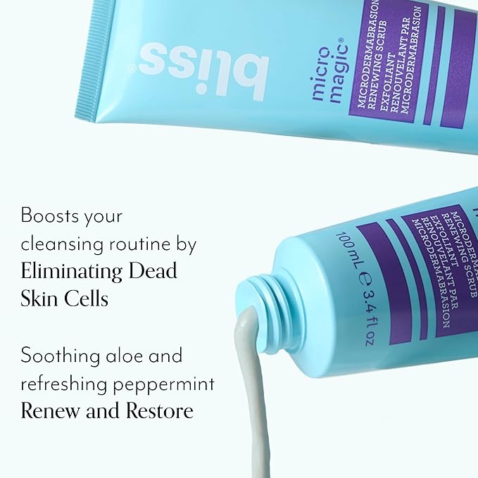 Bliss Clear Genius Clarifying Toner + Serum and Micro Magic Skin Renewing Microdermabrasion Facial Scrub - Calm Skin & Tighten Pores - Vegan & Curelty-Free