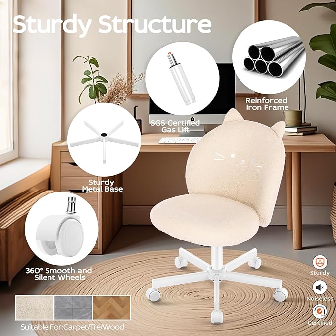 Vanity Chair with Cat Back,Armless Desk Chair Cute Small Office Chair,Teddy Fabric Computer Chair with Adjustable Height,120°Tilting,Rolling,Swivel for Vanity,Kids Room,Office,Bedroom Beige