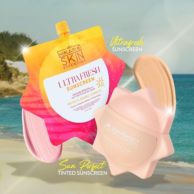 HikariSkinEssentials Ultrafresh and Sun Perfect Sunscreen Set, SPF 50 PA+++, Daily Protection Gel-Cream, Tinted Formula
