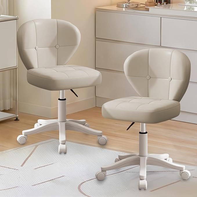 Vanity Chair with Back – Small Armless Office Chair with Wheels, Lumbar Support, PU Leather, Adjustable Height, 360° Swivel for Home, Bedroom, Office White Set of 2