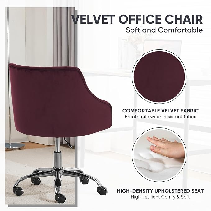 MOJAY Velvet Office Swivel Chair, Vanity Fabric Desk Pretty Fancy Gold Office Chairs for Girls, 360°Swivel Height Adjustable Reception Chair (Burgundy)