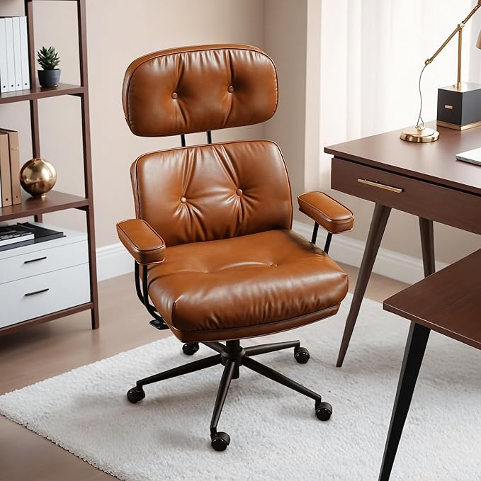 HOOOWOOO Ergonomic Office Chair,Mid Century Modern Computer Desk Chair,Comfy Executive Chair with Extra Wide Tufted Cloudy Seat Lumbar Support High Reclining Back,PU Leather Brown