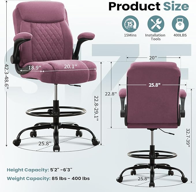 Drafting Chair for Standing Desk – Tall Office Chair with Adjustable Height & Foot Ring, Flip-Up Arms, Lumbar Support – Comfortable Fabric Seat, Ideal Home Desk Chair