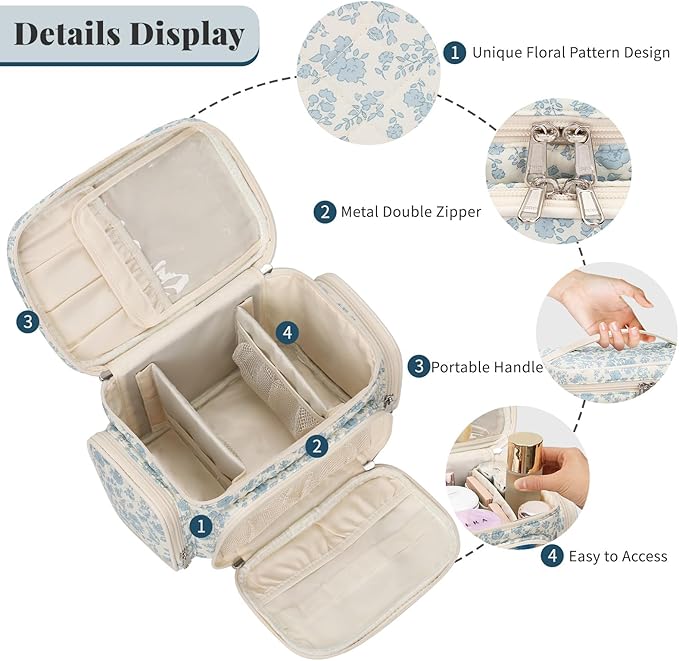 Large Cotton Makeup Bag, Quilted Floral Makeup Bag Organizer for Women Girls with Makeup Brush Compartment & Two Side Pockets, Cosmetic Travel Bag Vertical Storage- Blue Flower