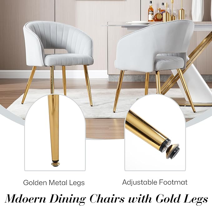 Modern Velvet Vanity Chair, Home Office Desk Chair with Hollow Back, Upholstered Dining Chair with Gold Metal Legs, Comfy Accent Armchair for Living Room Bedroom, Gray