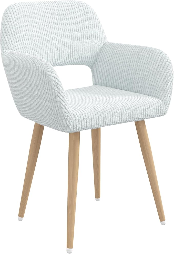 Home Office Desk Chair Set of 1, Corduroy Fabric Vanity Chair for Makeup with Hollow Backrest, Comfy Armchair Wood Frame with Strudy Metal Legs, Light Blue