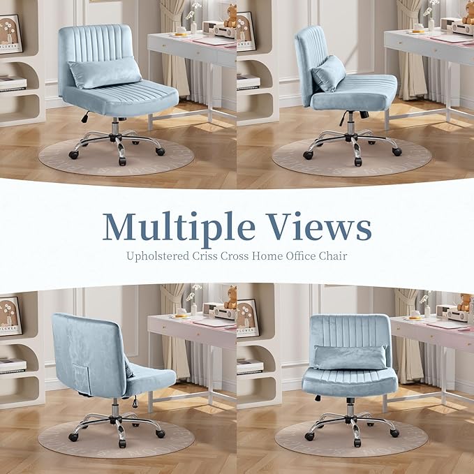 Criss Cross Office Chair with Wheels, Velvet Cross Legged Desk Chair for Bedroom, Armless Computer Chair, Modern Vanity Chair, Festival for Adults, Light Blue